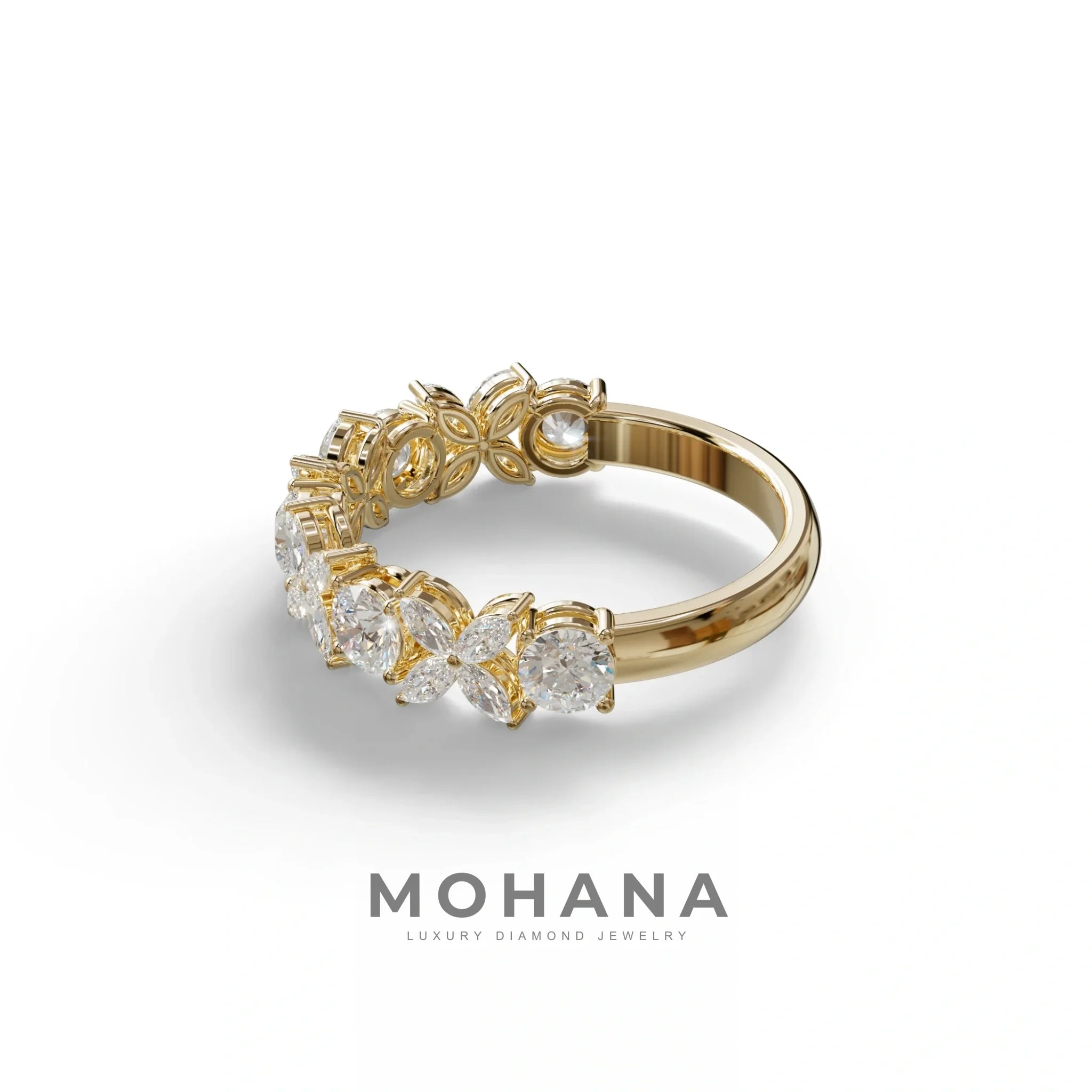 Yellow Gold Marquise & Round Brilliant Diamond Flower Cluster Ring - 18k Gold