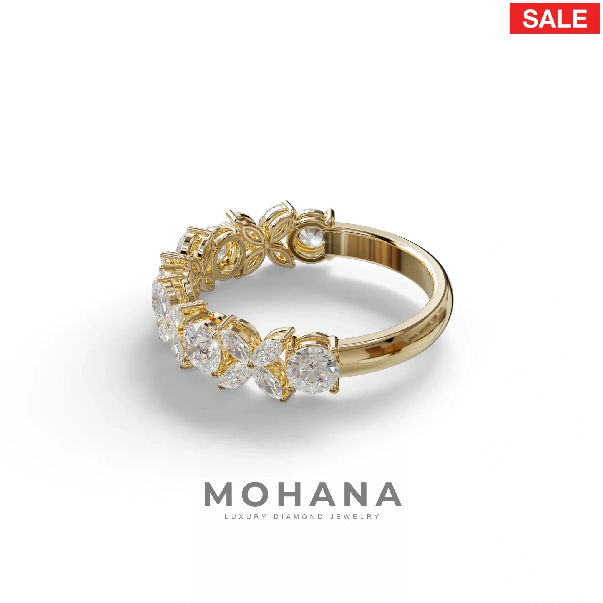 Yellow Gold Marquise & Round Brilliant Diamond Flower Cluster Ring - 18k Gold