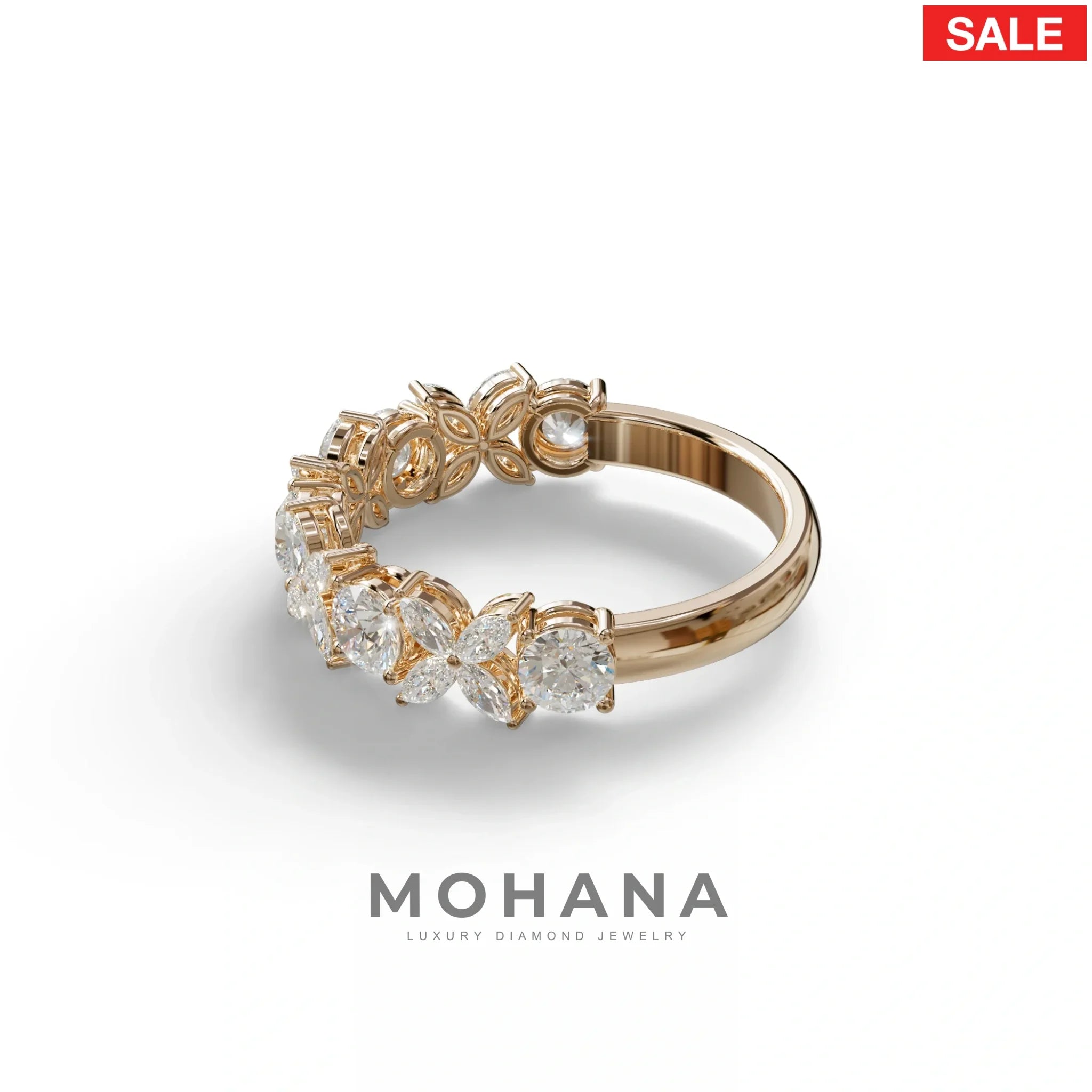 Yellow Gold Marquise & Round Brilliant Diamond Flower Cluster Ring - 18k Gold