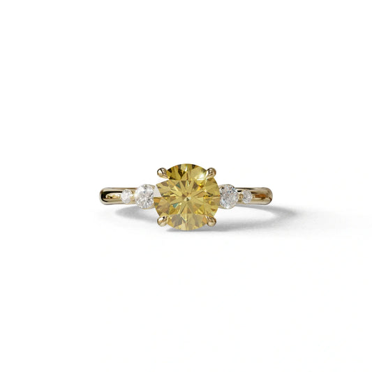 Yellow Round Three Stone Lab Grown Diamond Engagement Ring - Romance - 2 Carat / 10K Solid Gold / Yellow Gold